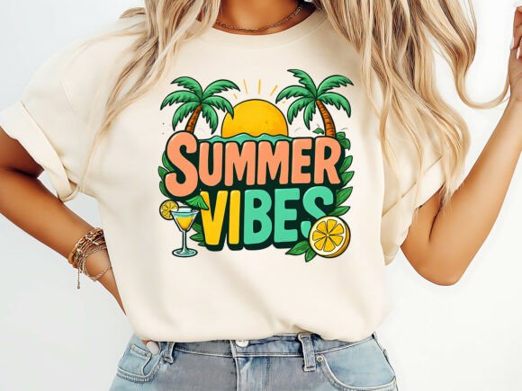 Summer Vibes T-Shirt Design: Retro Palm Tree Sunset & Citrus Drink